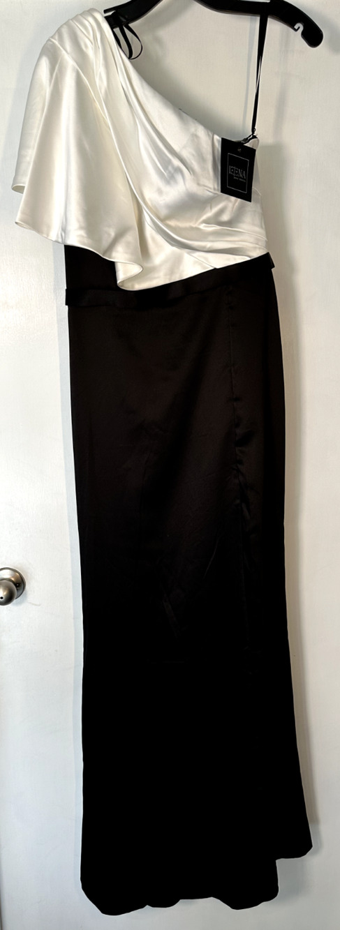 Ieena Mac Duggal Black White One Shoulder Satin Colorblock Formal Gown Size 4